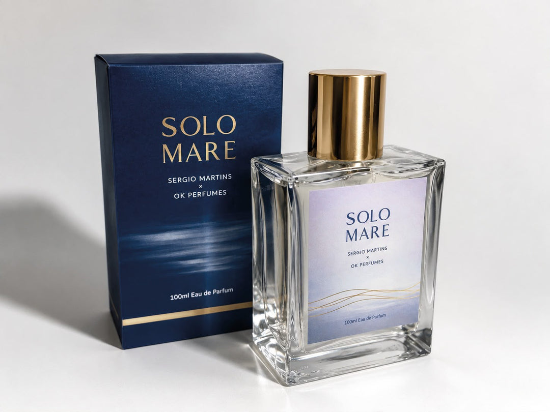 Frasco y estuche de SOLO MARE, la edición limitada de Sergio Martins con OK Perfumes, 100 mL Eau de Parfum