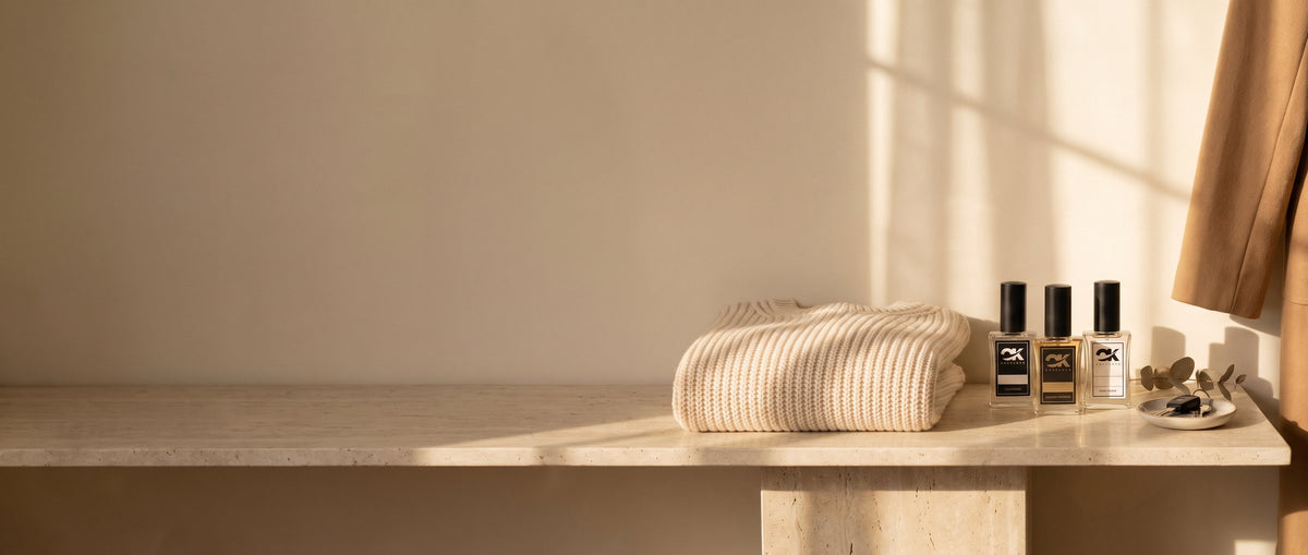 OK Perfumes · tres perfumes sobre una consola de travertino con luz de tarde de otoño