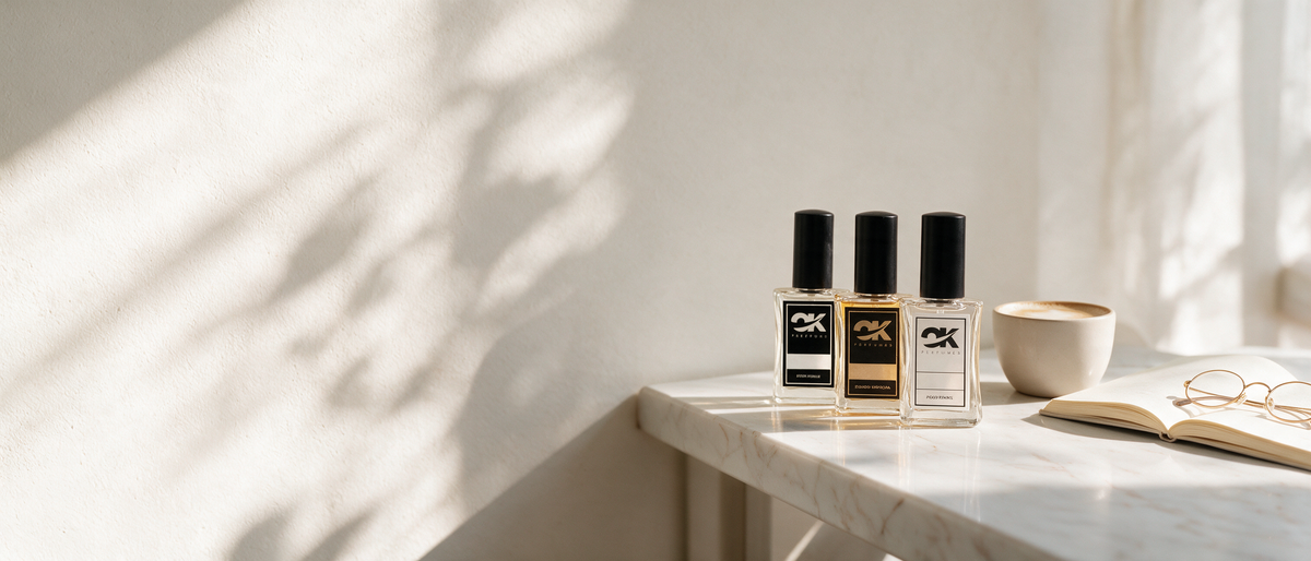 Perfumes OK Perfumes sobre mármol blanco con café, libreta y gafas, luz de mañana: vuelta a la rutina