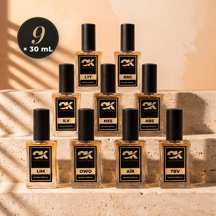 Pack de Packs de OK Perfumes: 9 perfumes nicho de 30 mL sobre travertino