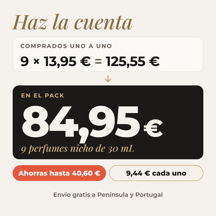 9 × 13,95 € = 125,55 € comprados uno a uno; en el pack 84,95 €